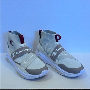 Champion Gray and White High-Top Sneakers with Red Accents